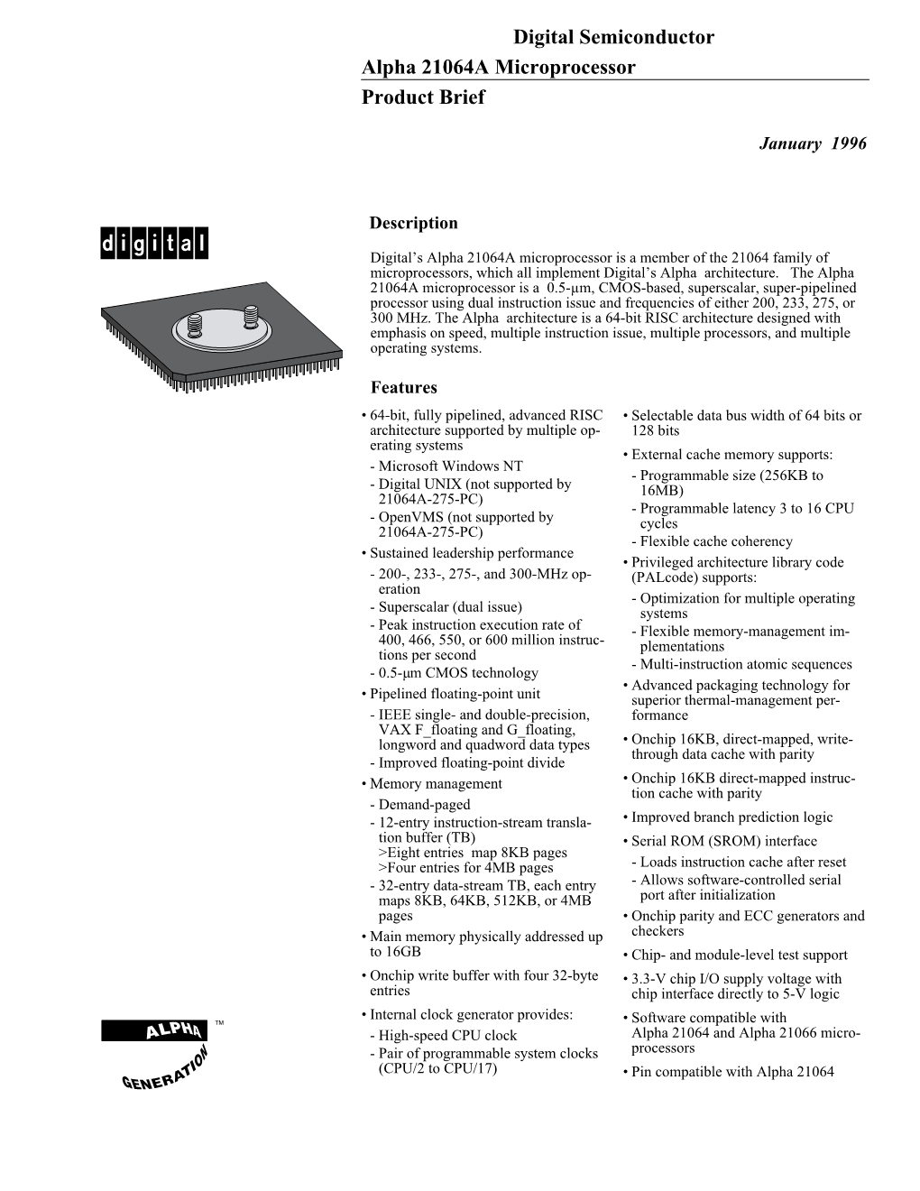 Digital Semiconductor Alpha 21064A Microprocessor Product Brief
