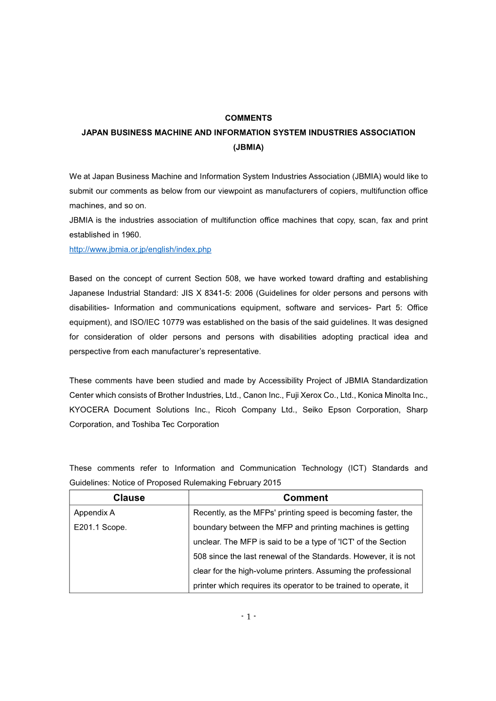 Clause Comment Appendix a Recently, As the Mfps' Printing Speed Is Becoming Faster, the E201.1 Scope