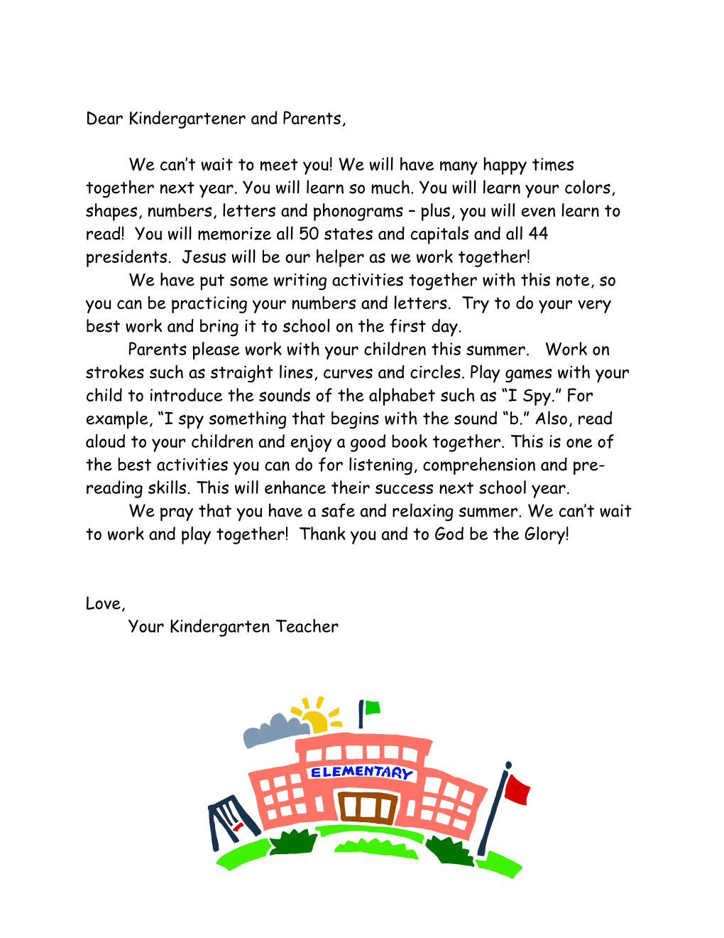 Dear Kindergartener and Parents