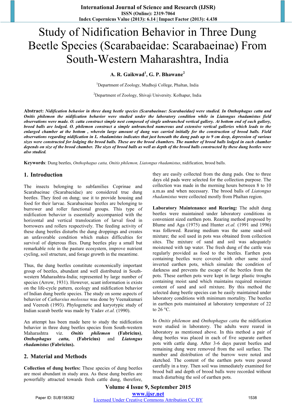 Study of Nidification Behavior in Three Dung Beetle Species (Scarabaeidae: Scarabaeinae) from South-Western Maharashtra, India