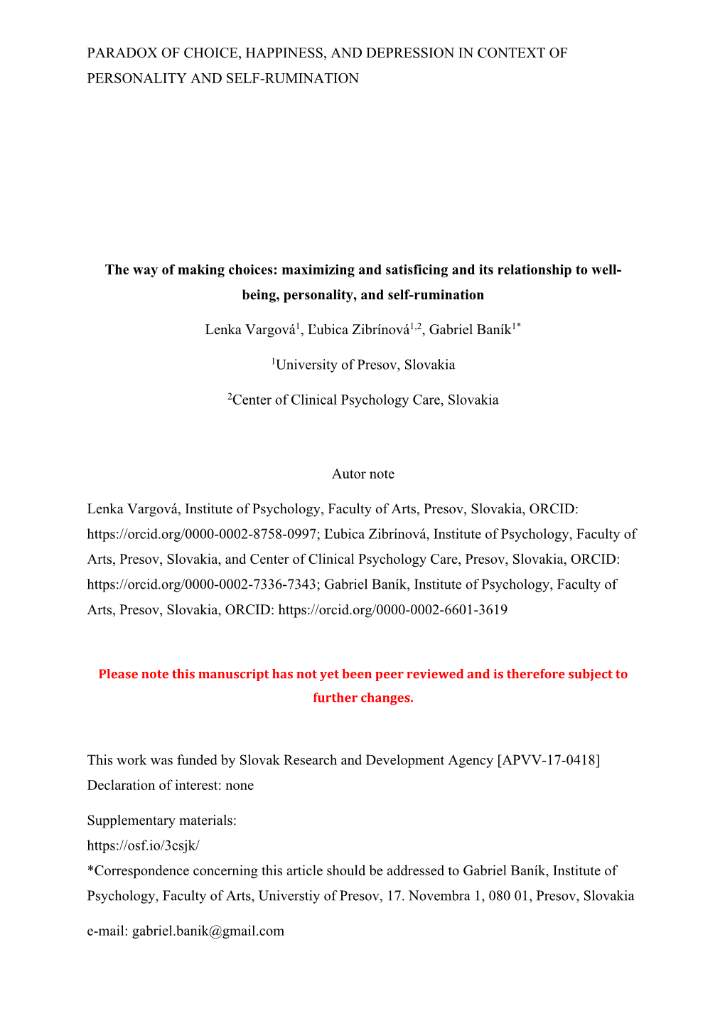 Paradox of Choice, Happiness, and Depression in Context of Personality and Self-Rumination