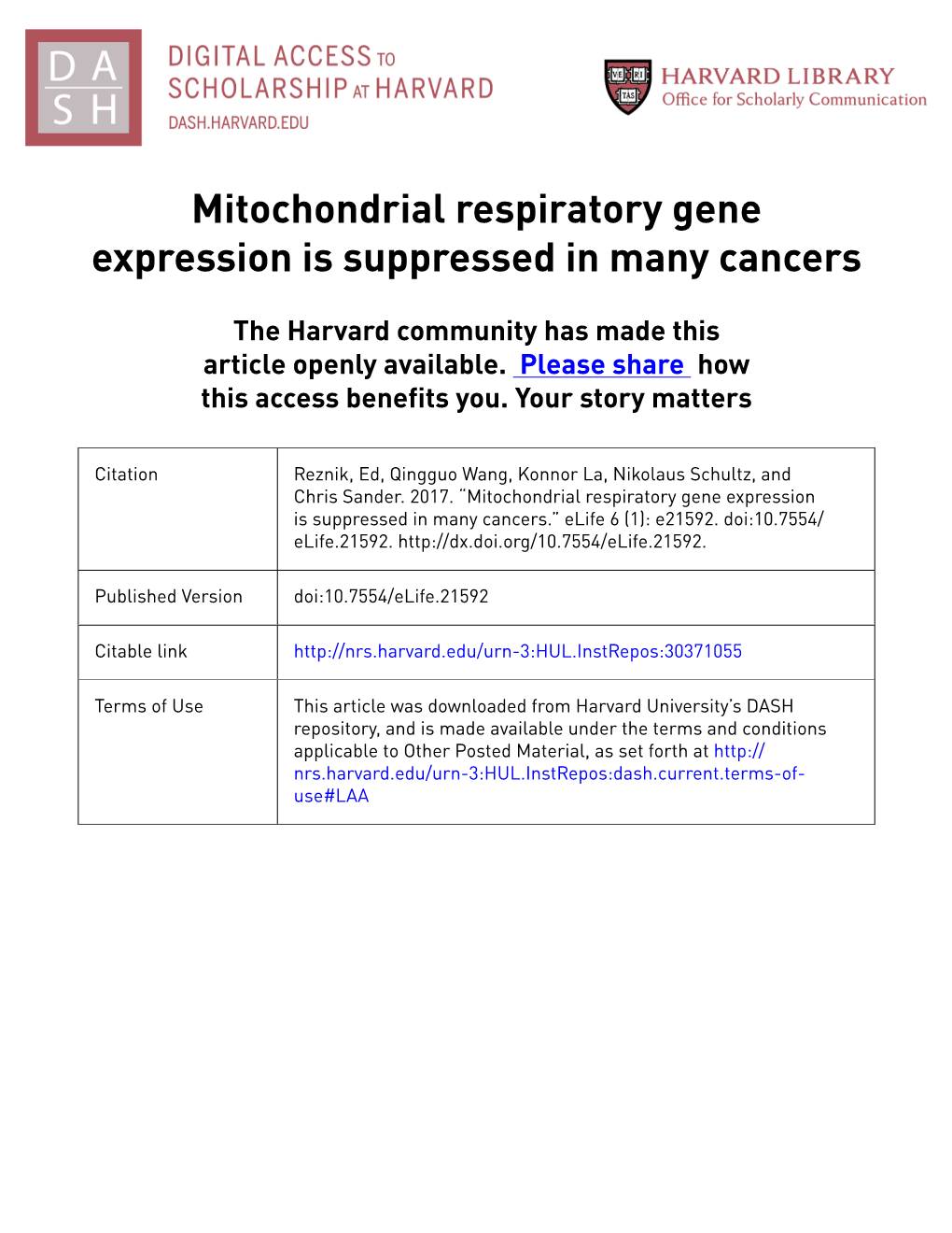 Mitochondrial Respiratory Gene Expression Is Suppressed in Many Cancers