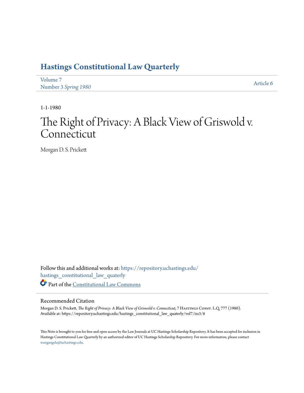 The Right of Privacy: a Black View of Griswold V. Connecticut Morgan D