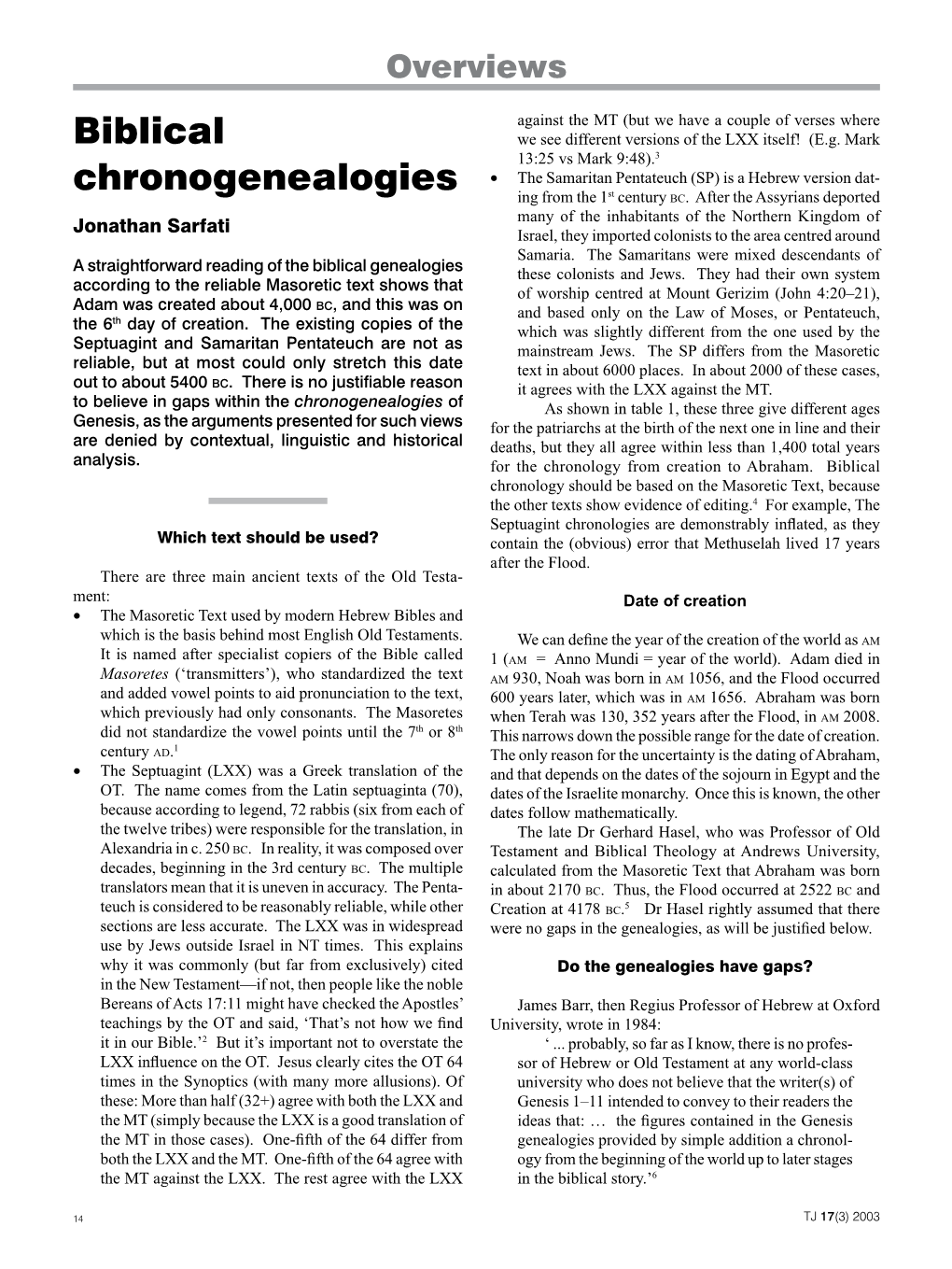 Biblical Chronogenealogies — Sarfati