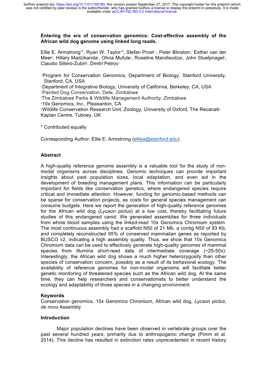 Cost-Effective Assembly of the African Wild Dog Genome Using Linked Long Reads