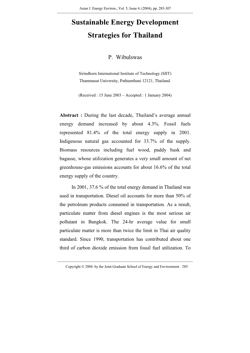 Sustainable Energy Development Strategies for Thailand