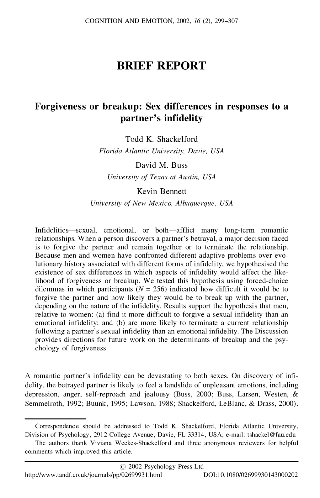 Forgiveness Or Breakup: Sex Differences in Responses to a Partner’S Infidelity