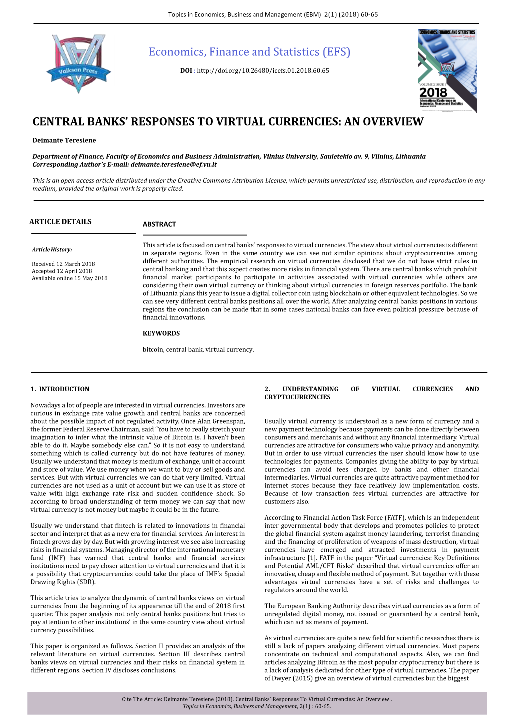 (Efs) Central Banks' Responses to Virtual Currencies