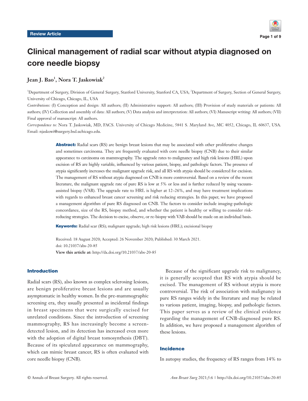 Clinical Management of Radial Scar Without Atypia Diagnosed on Core Needle Biopsy