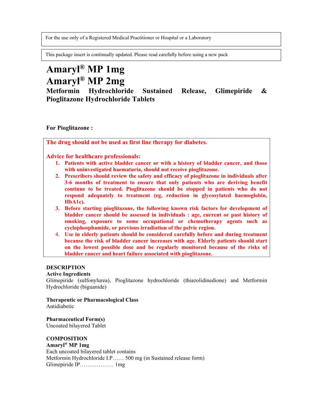 Amaryl® MP 1Mg Amaryl® MP 2Mg Metformin Hydrochloride Sustained Release, Glimepiride & Pioglitazone Hydrochloride Tablets