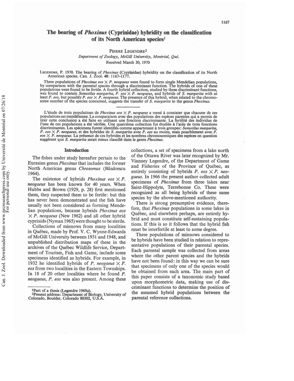 The Bearing of Phoxinus (Cyprinidae) Hybridity on the Classification of Its North American Species1