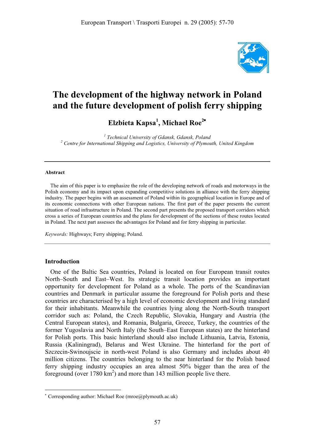 The Development of the Highway Network in Poland and the Future Development of Polish Ferry Shipping