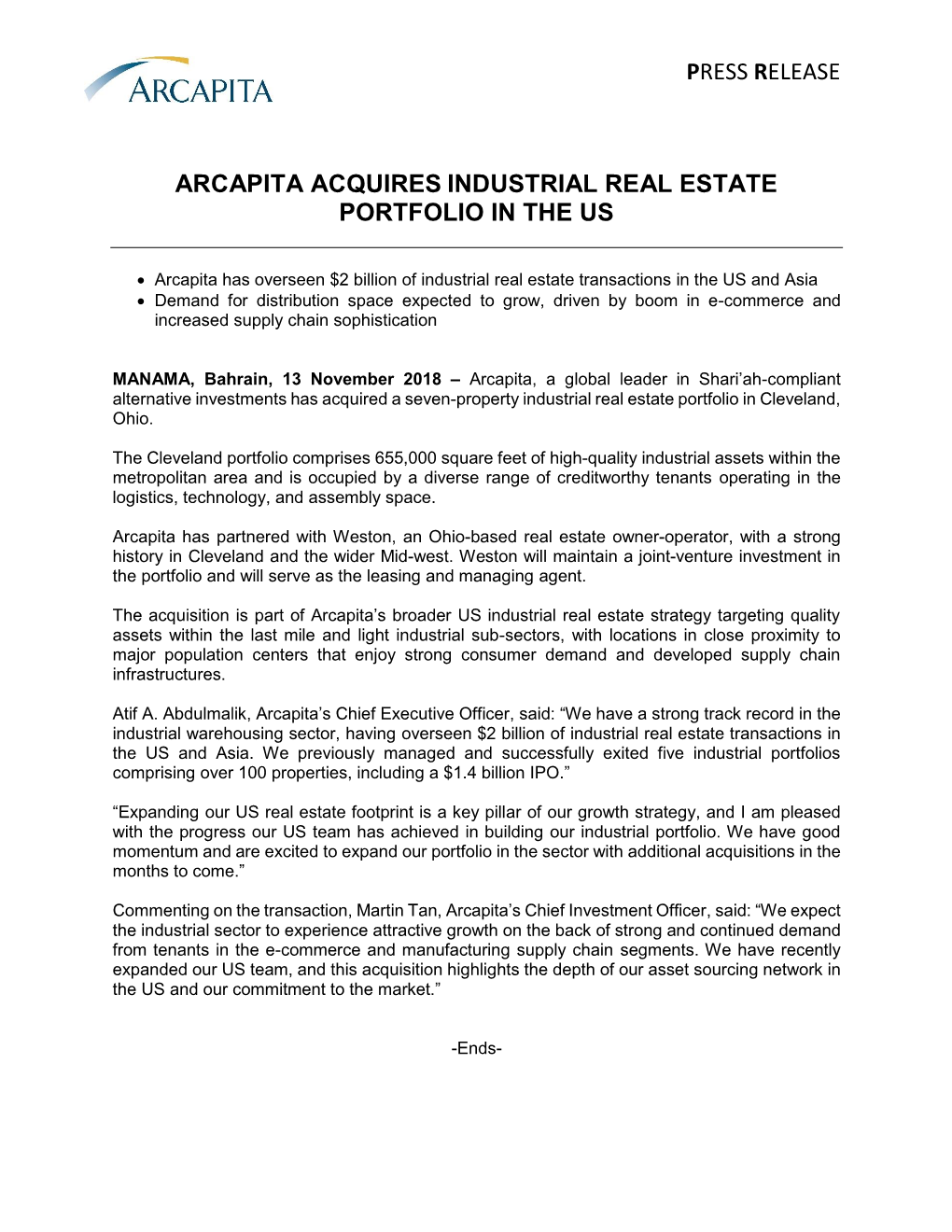 Press Release Arcapita Acquires Industrial Real
