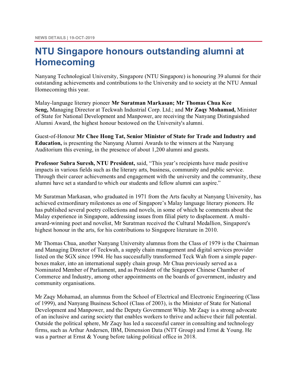 NTU Singapore Honours Outstanding Alumni at Homecoming