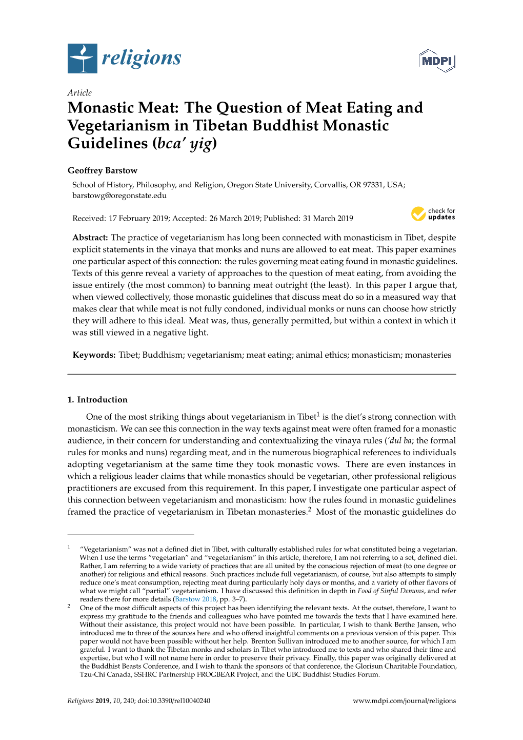 The Question of Meat Eating and Vegetarianism in Tibetan Buddhist Monastic Guidelines (Bca’ Yig)