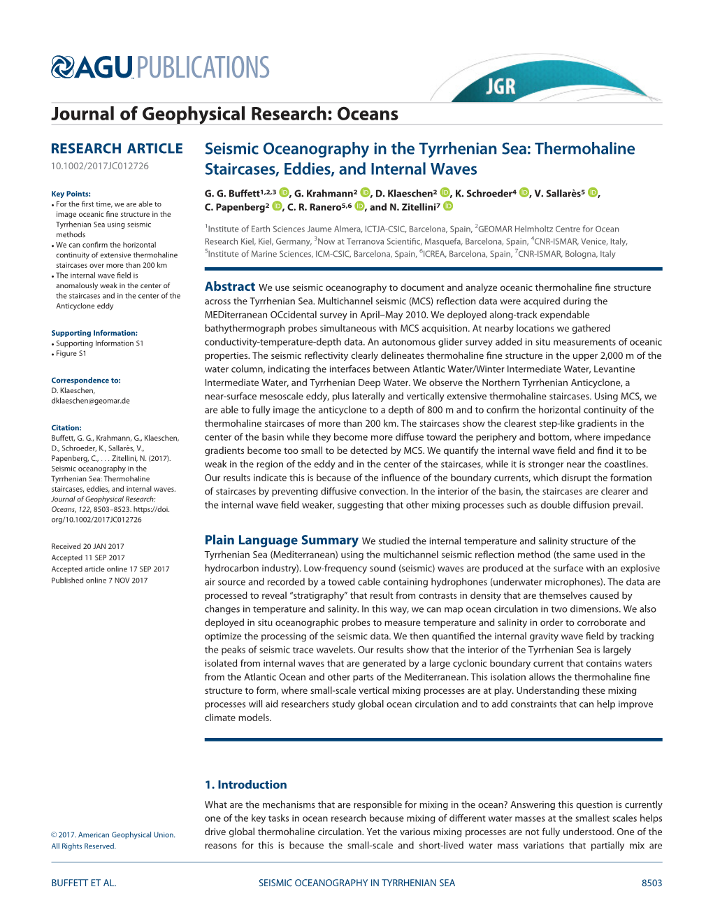 Seismic Oceanography in the Tyrrhenian Sea: Thermohaline 10.1002/2017JC012726 Staircases, Eddies, and Internal Waves