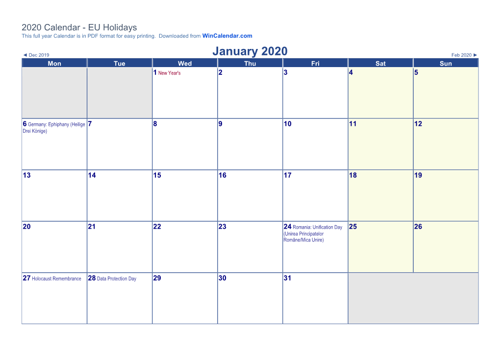 2020 Calendar - EU Holidays This Full Year Calendar Is in PDF Format for Easy Printing