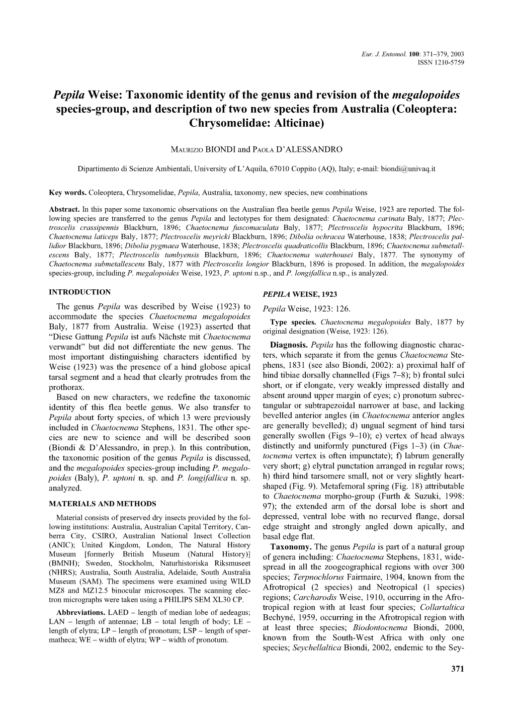 Pepila Weise: Taxonomic Identity of the Genus and Revision of The