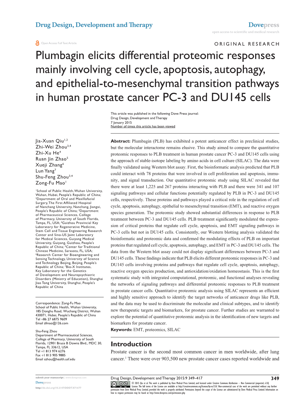 Plumbagin Elicits Differential Proteomic Responses Mainly