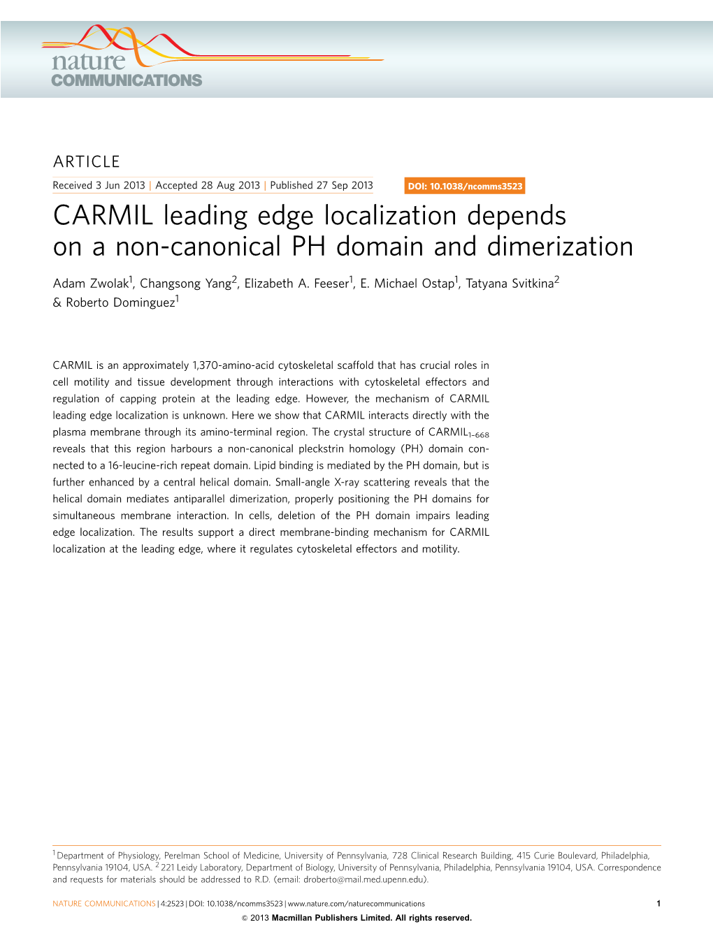 CARMIL Leading Edge Localization Depends on a Non-Canonical PH Domain and Dimerization