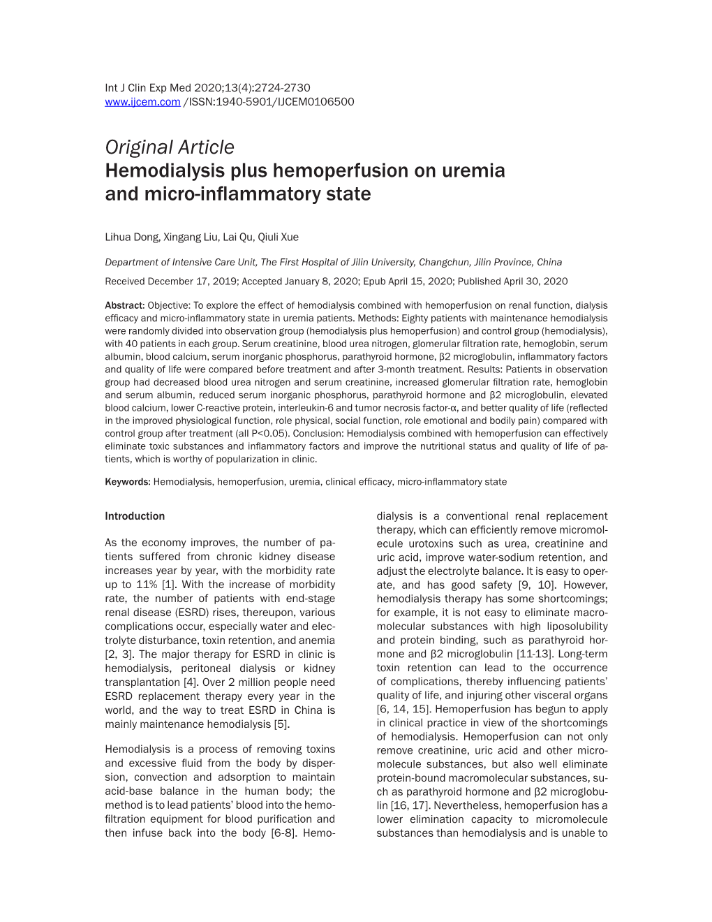 Original Article Hemodialysis Plus Hemoperfusion on Uremia and Micro-Inflammatory State