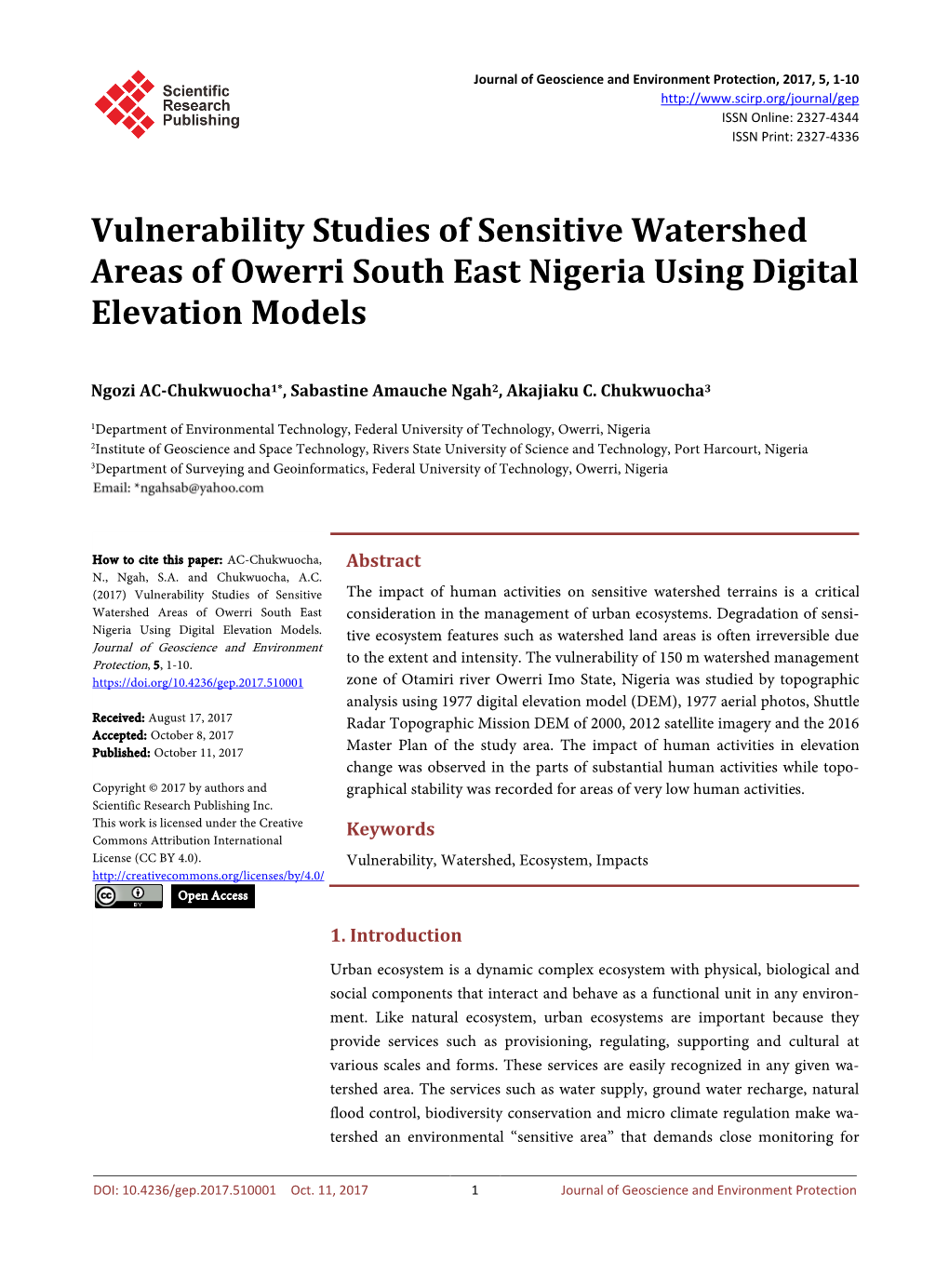 Vulnerability Studies of Sensitive Watershed Areas of Owerri South East Nigeria Using Digital Elevation Models