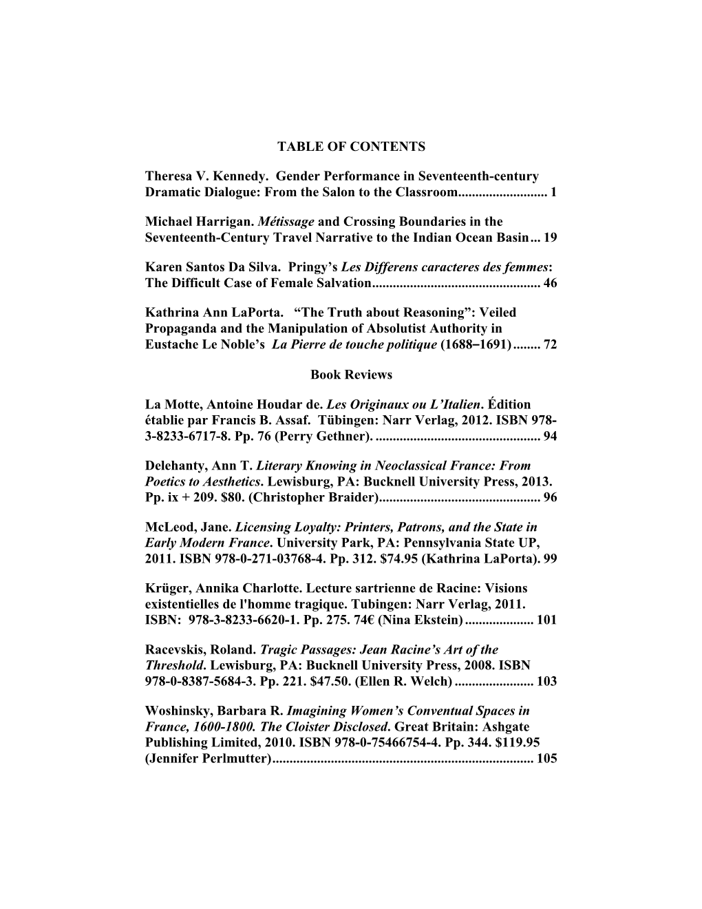 TABLE of CONTENTS Theresa V. Kennedy. Gender Performance In