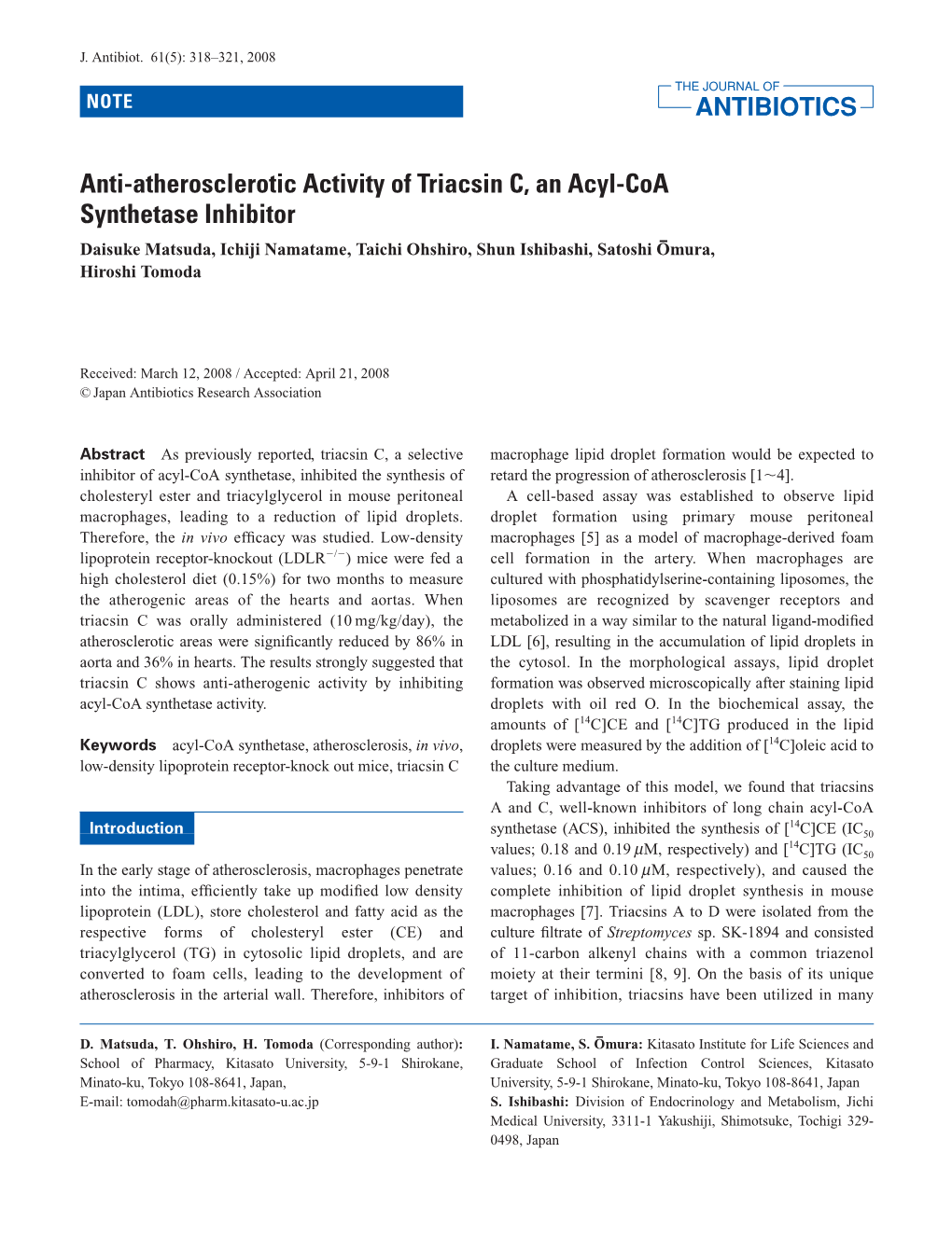 Anti-Atherosclerotic Activity of Triacsin C, an Acyl-Coa Synthetase Inhibitor