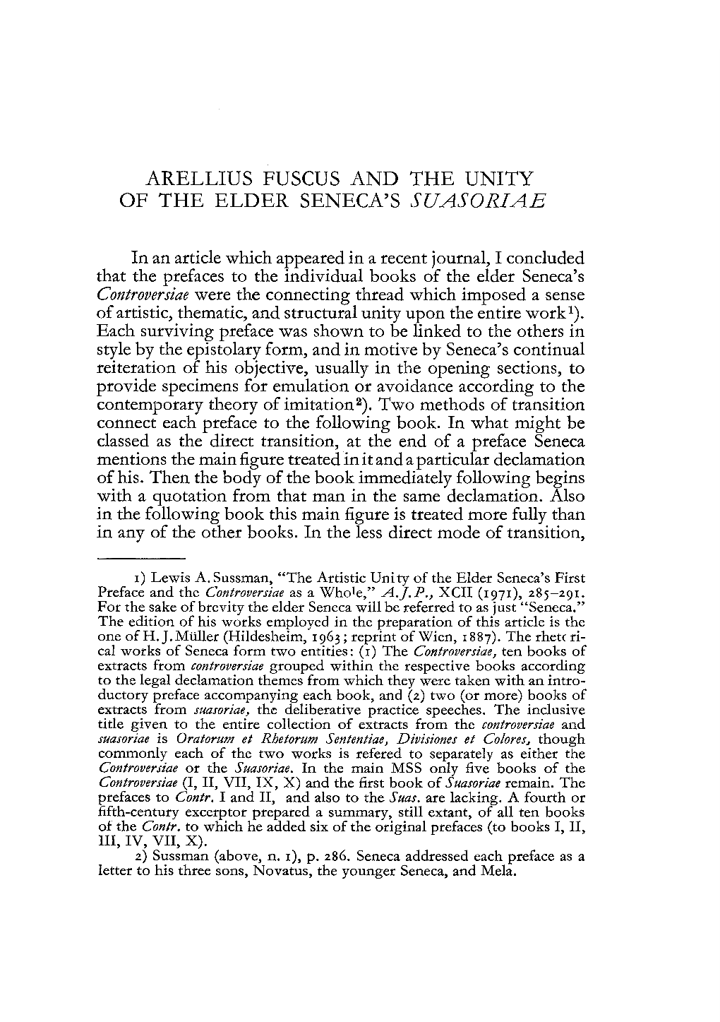 Arellius Fuscus and the Unity of the Elder Seneca's Suasoriae