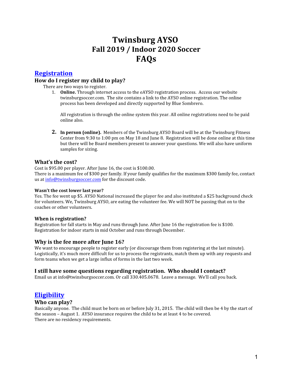 Fall 2019 / Indoor 2020 Soccer Faqs