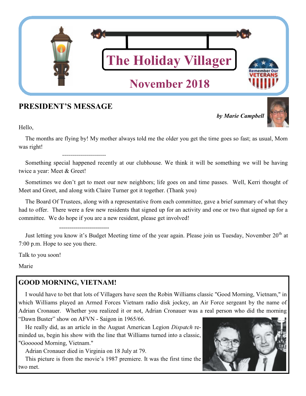 The Holiday Villager November 2018 PRESIDENT's MESSAGE