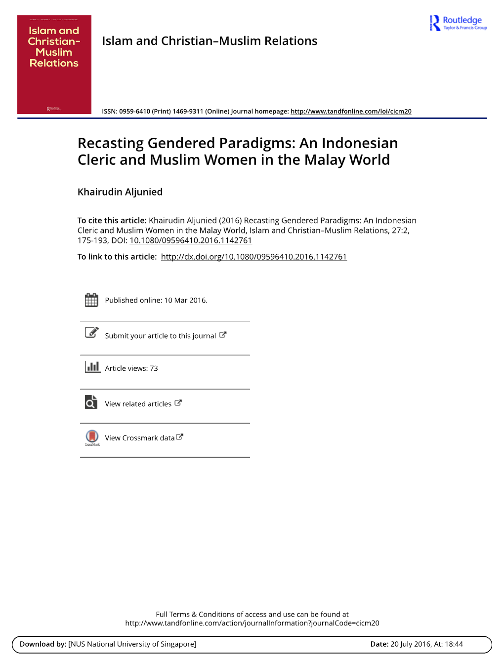 Recasting Gendered Paradigms: an Indonesian Cleric and Muslim Women in the Malay World