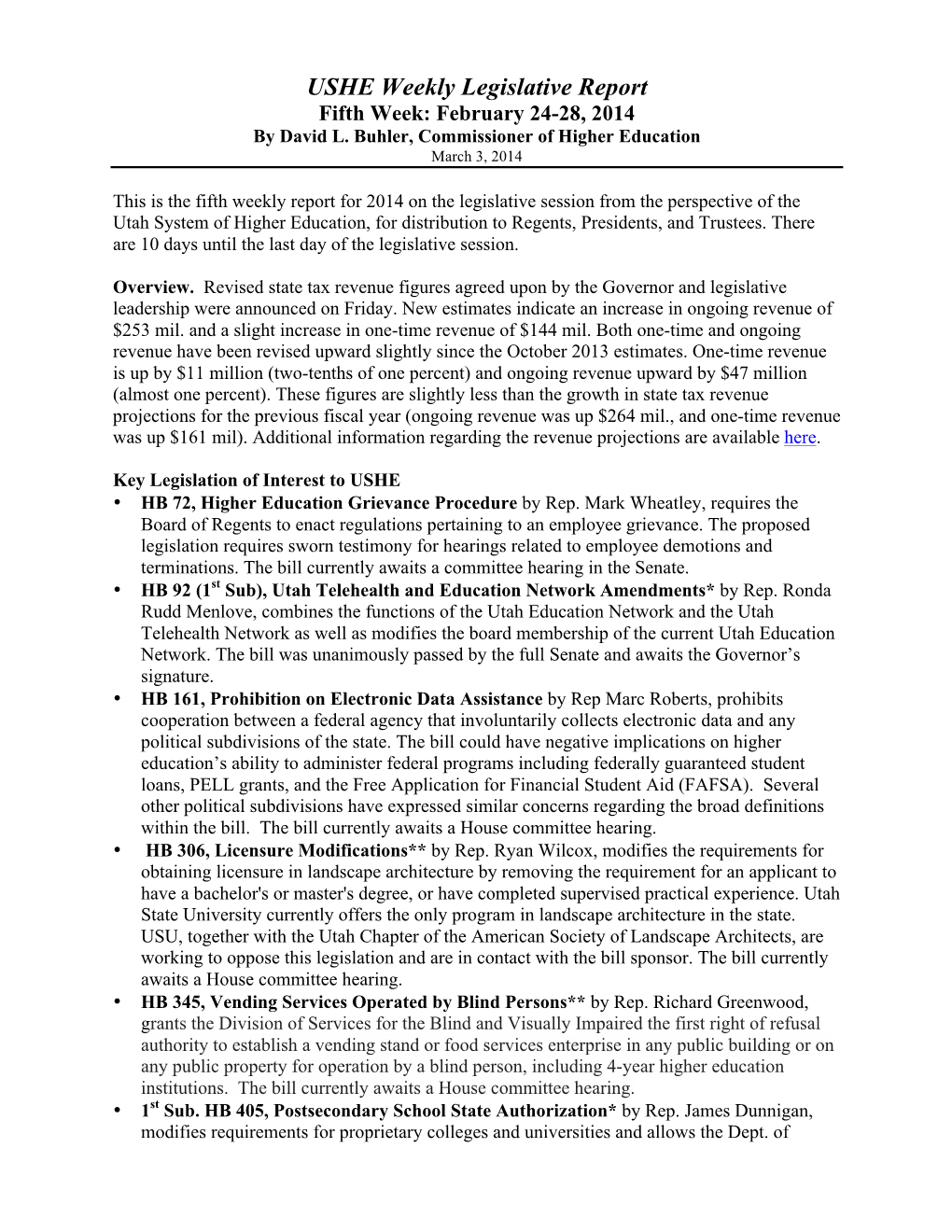 USHE Weekly Legislative Report Fifth Week: February 24-28, 2014 by David L