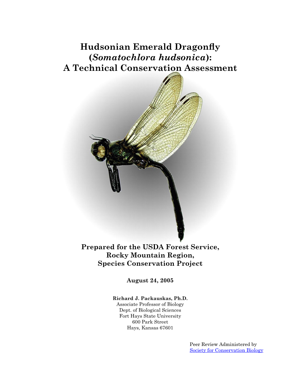 Hudsonian Emerald Dragonfly (Somatochlora Hudsonica): a Technical Conservation Assessment