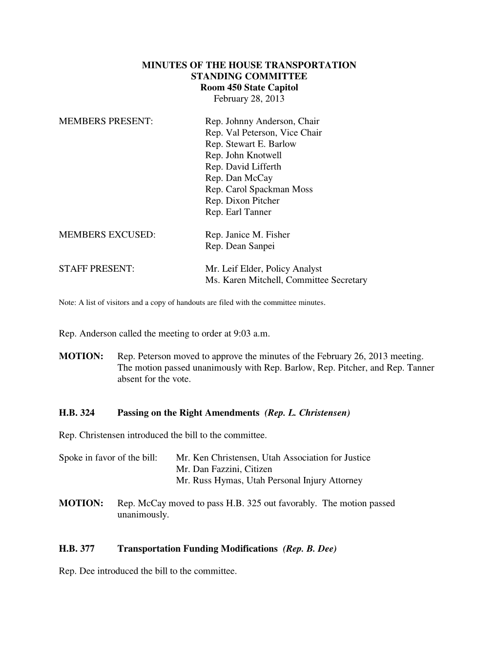 Minutes for House Political Subdivisions Committee 02/28