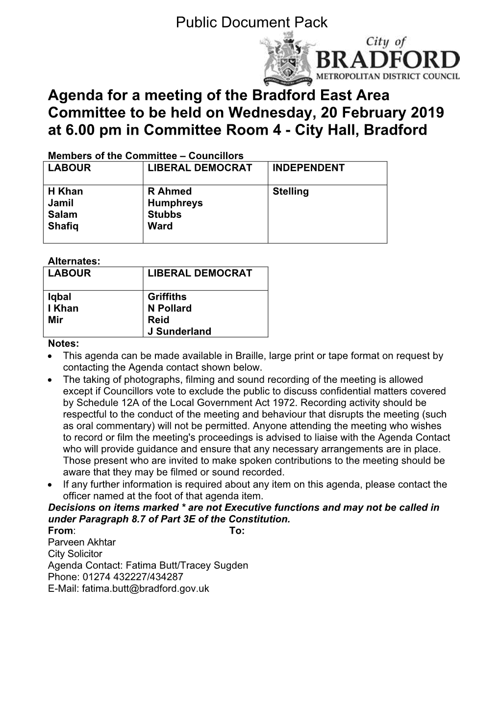 Agenda Document for Bradford East Area Committee, 20/02/2019 18:00