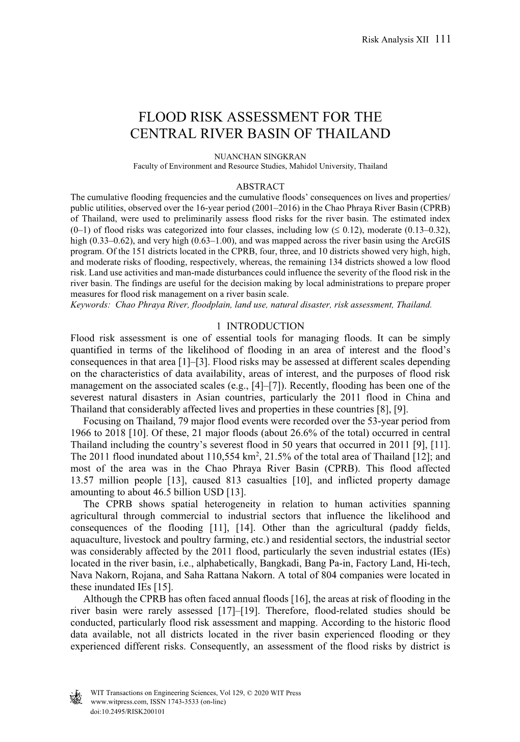 Flood Risk Assessment for the Central River Basin of Thailand
