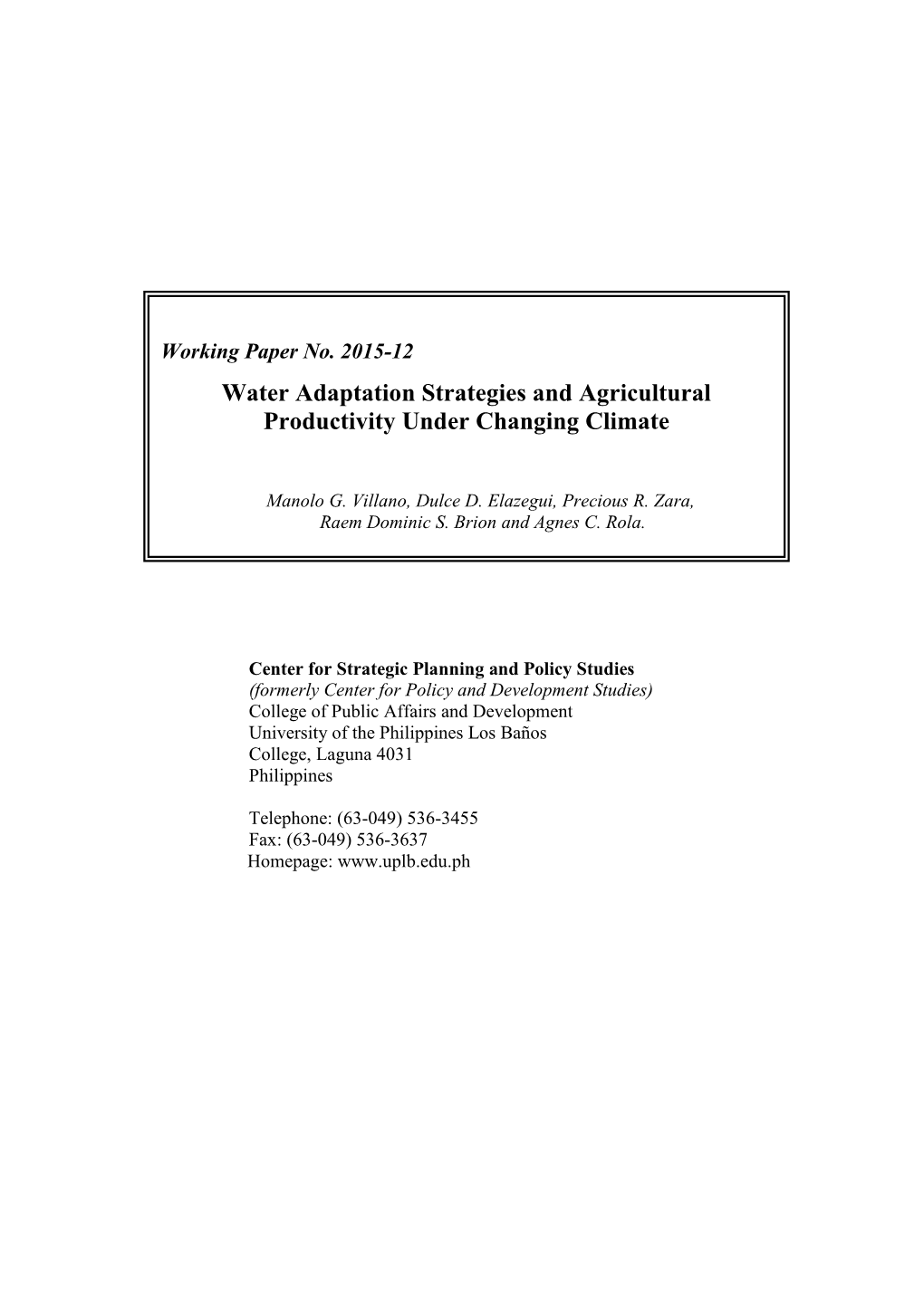 Water Adaptation Strategies and Agricultural Productivity Under Changing Climate