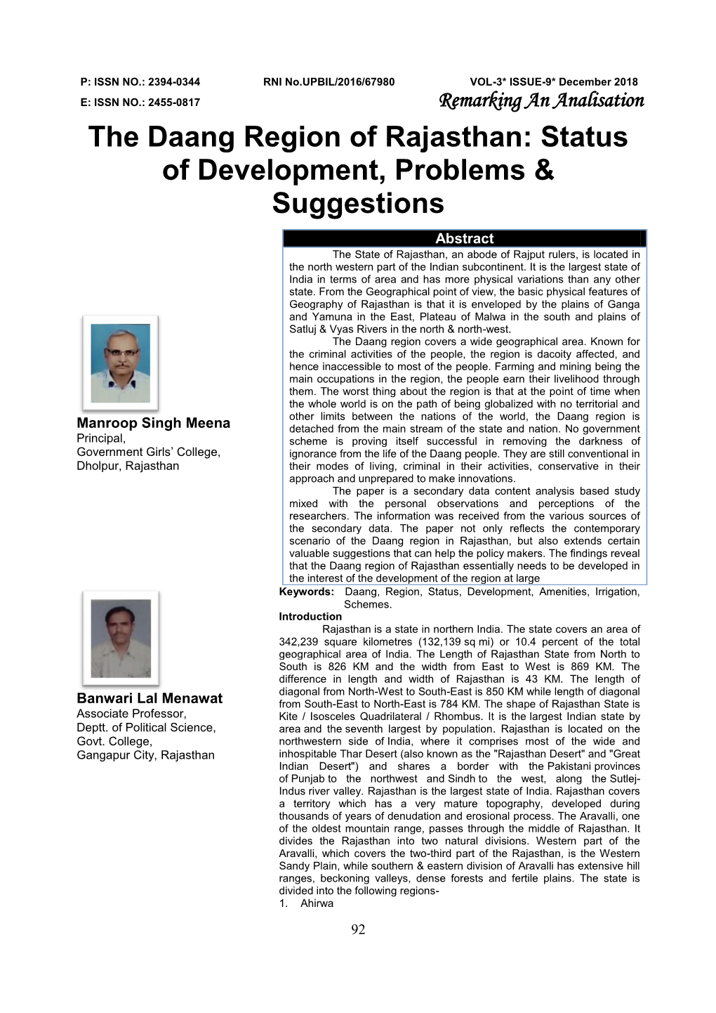 The Daang Region of Rajasthan: Status of Development,Problems