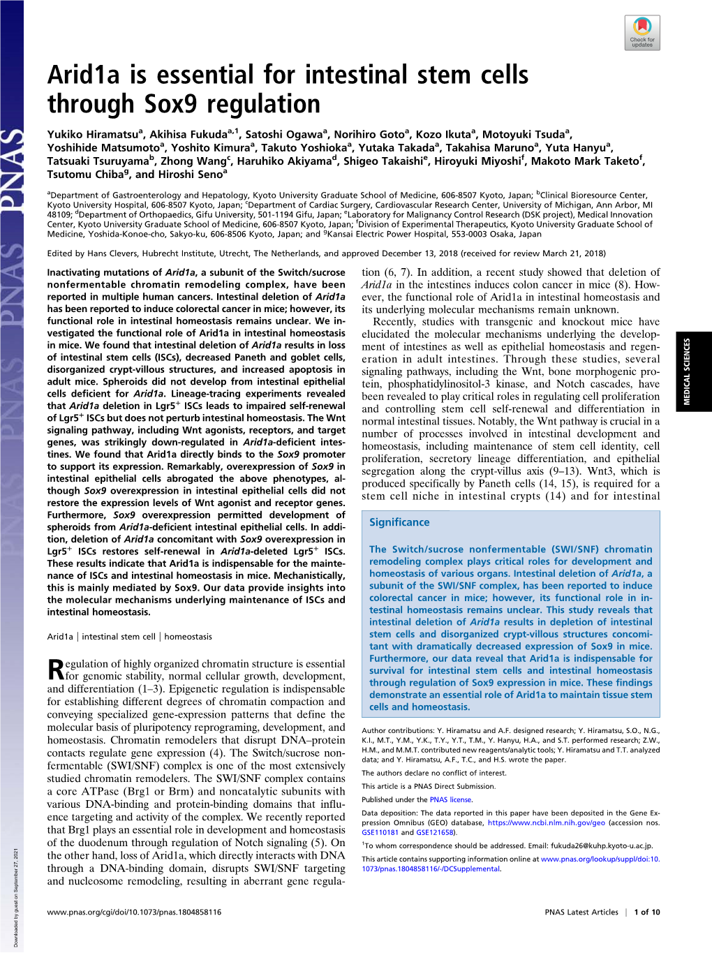 Arid1a Is Essential for Intestinal Stem Cells Through Sox9 Regulation