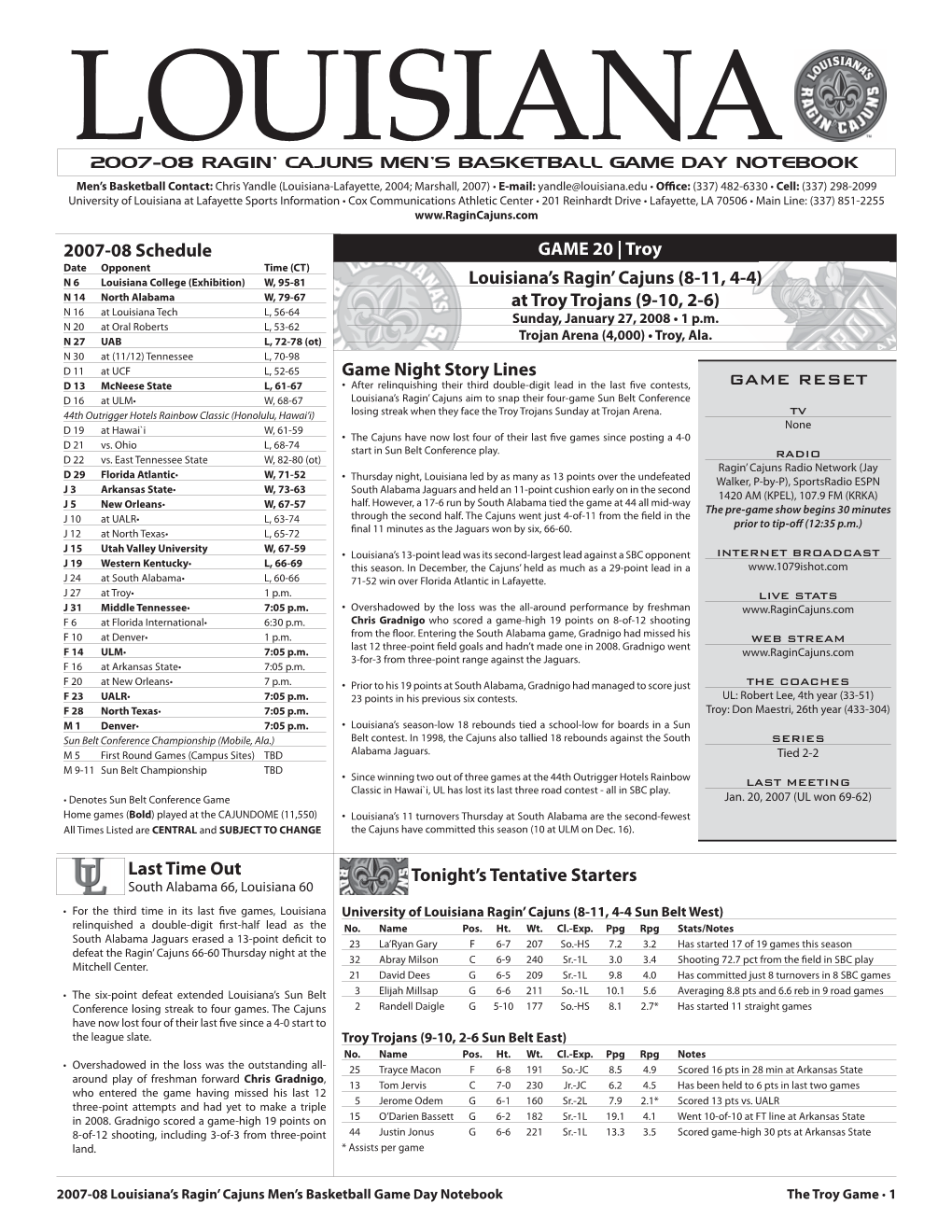 2007-08 Ragin' Cajuns Men's Basketball Game Day Notebook