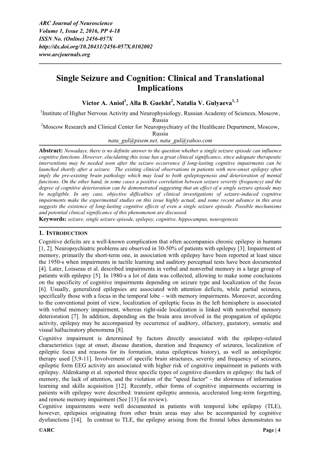 Single Seizure and Cognition: Clinical and Translational Implications