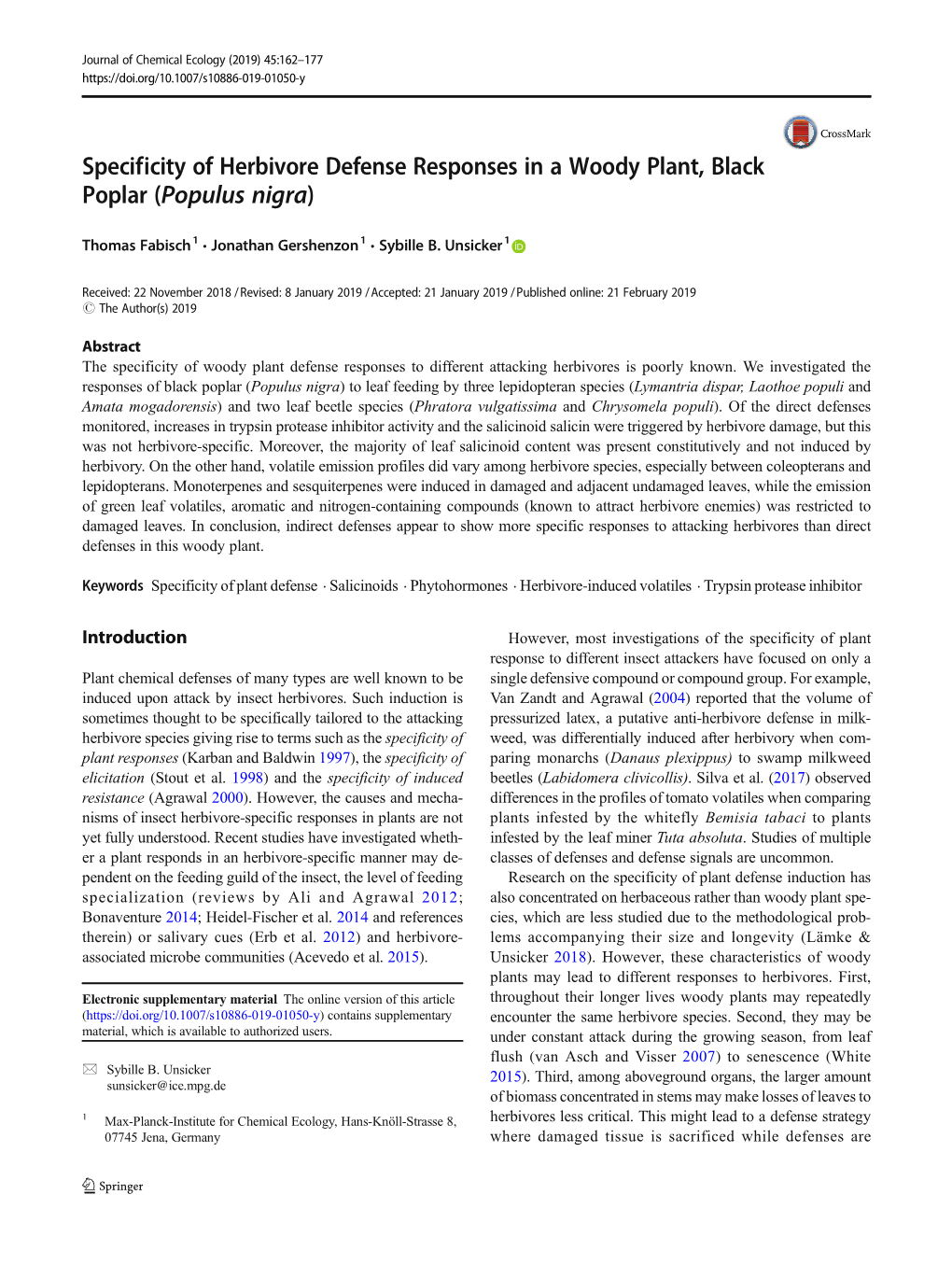 Specificity of Herbivore Defense Responses in a Woody Plant, Black Poplar (Populus Nigra)