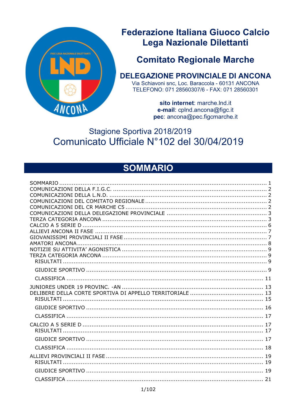 Comunicato Ufficiale N°102 Del 30/04/2019