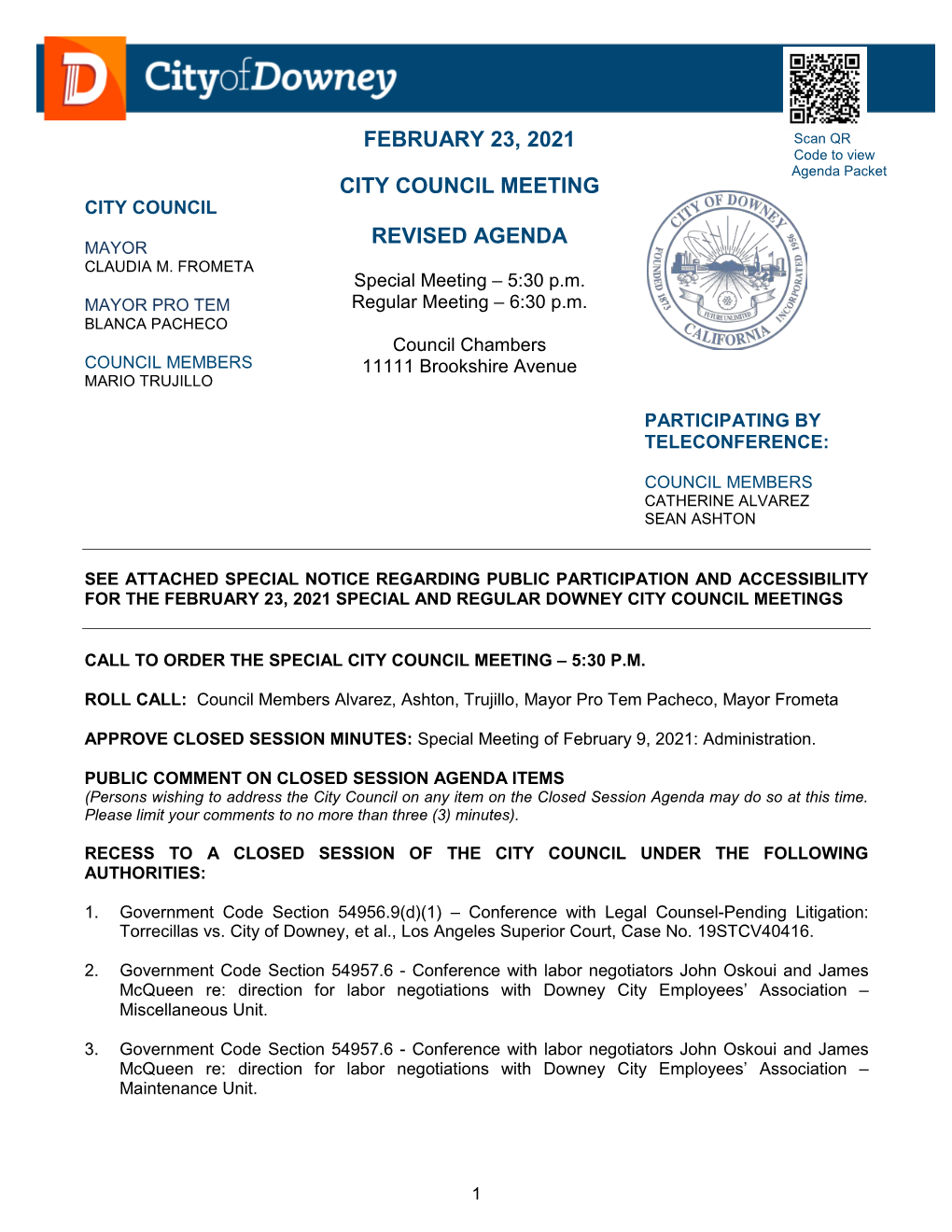 February 23, 2021 City Council Meeting Revised Agenda