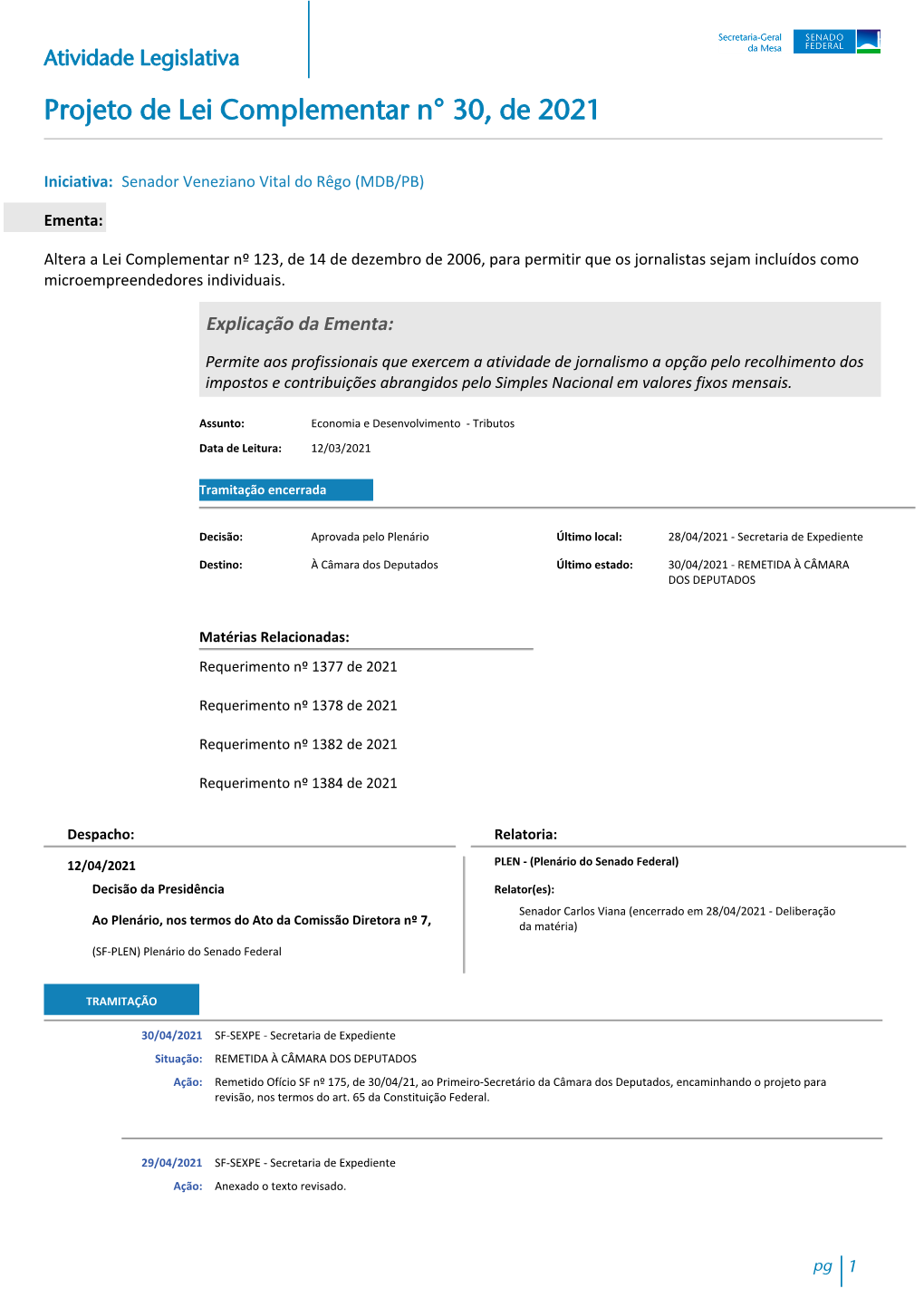 Projeto De Lei Complementar N° 30, De 2021