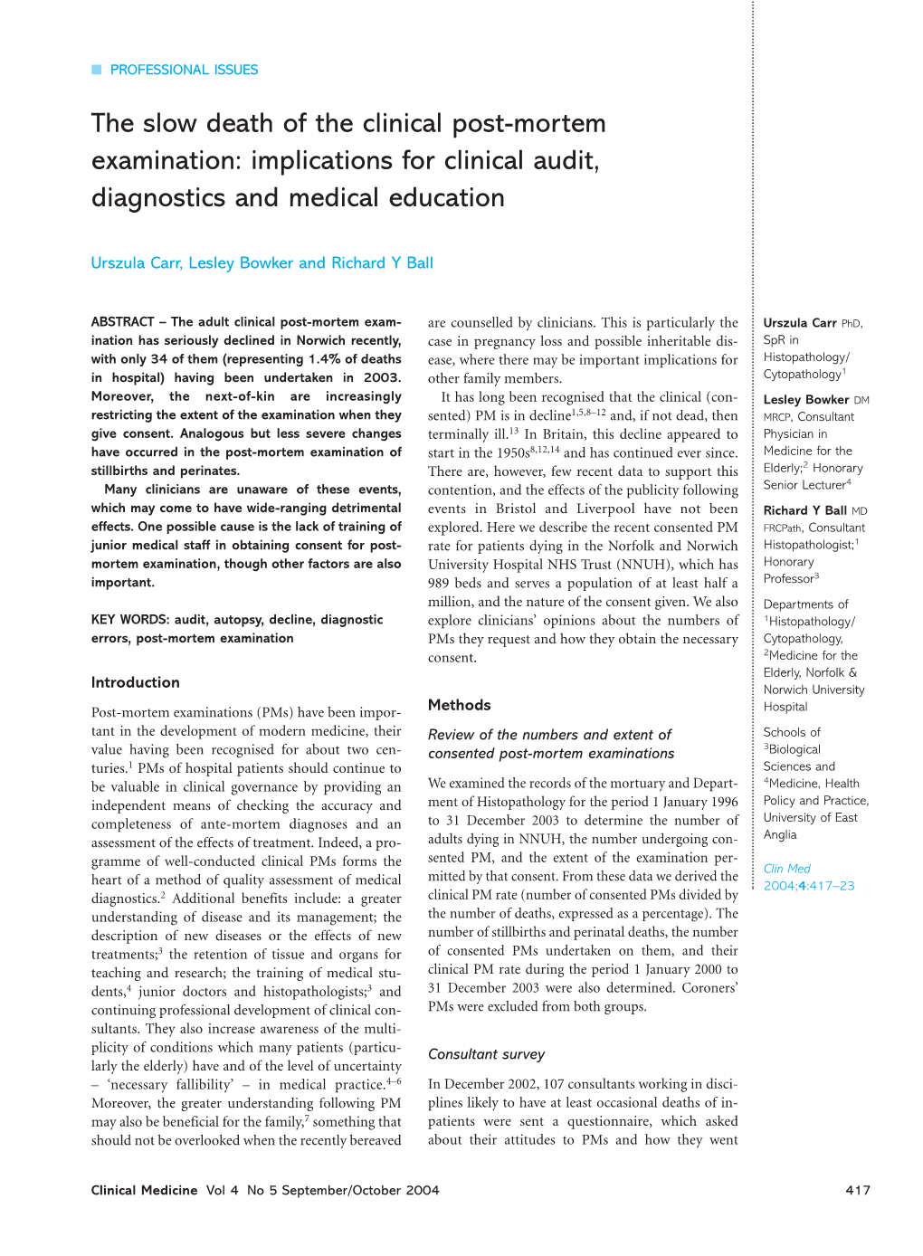 The Slow Death of the Clinical Post-Mortem Examination: Implications for Clinical Audit, Diagnostics and Medical Education