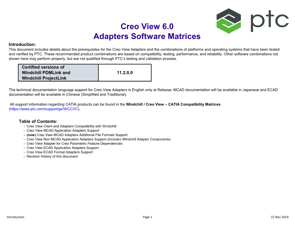 Creo View 6.0 Adapters Software Matrices