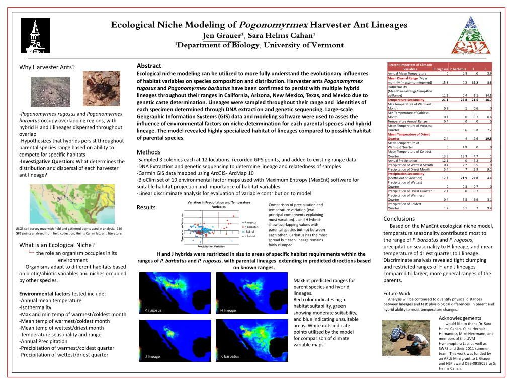 Ecological Niche Modeling of Pogonomyrmex Harvester Ant Lineages Jen Grauer¹, Sara Helms Cahan¹ ¹Department of Biology, University of Vermont