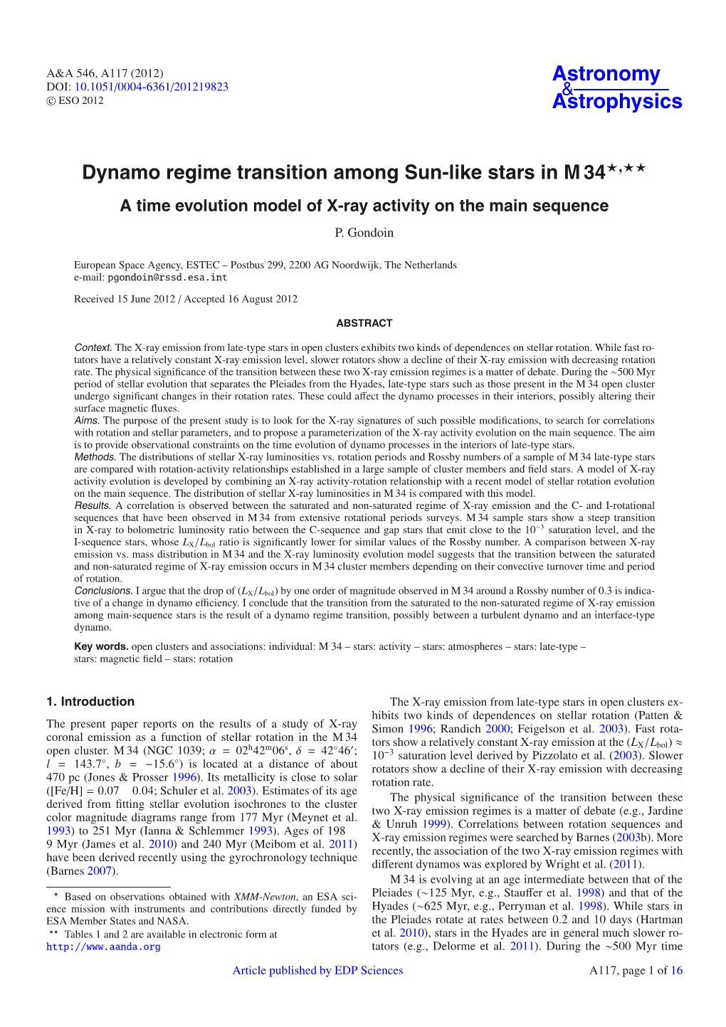 Dynamo Regime Transition Among Sun-Like Stars in M 34�,�� a Time Evolution Model of X-Ray Activity on the Main Sequence P